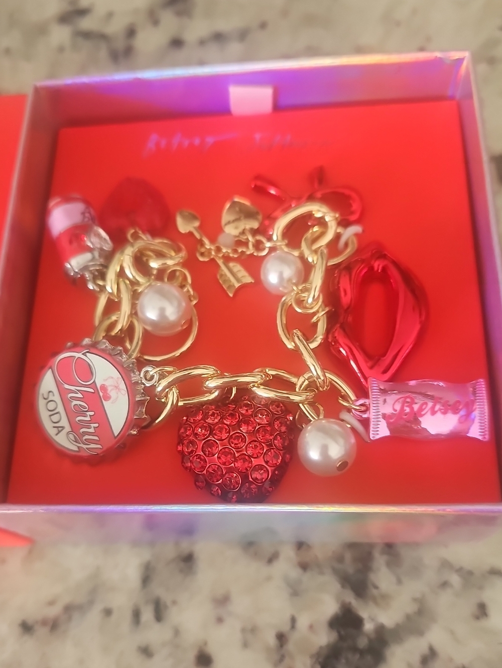 Betsey Johnson Gold-Tone Charm Bracelet with Red Lip Accents and Pearls